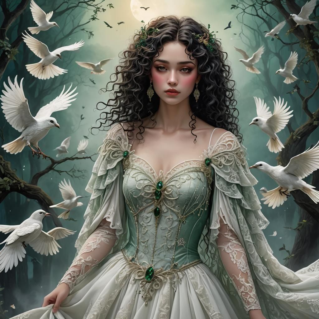 Ethereal Emerald-Eyed Woman in Fantasy Landscape