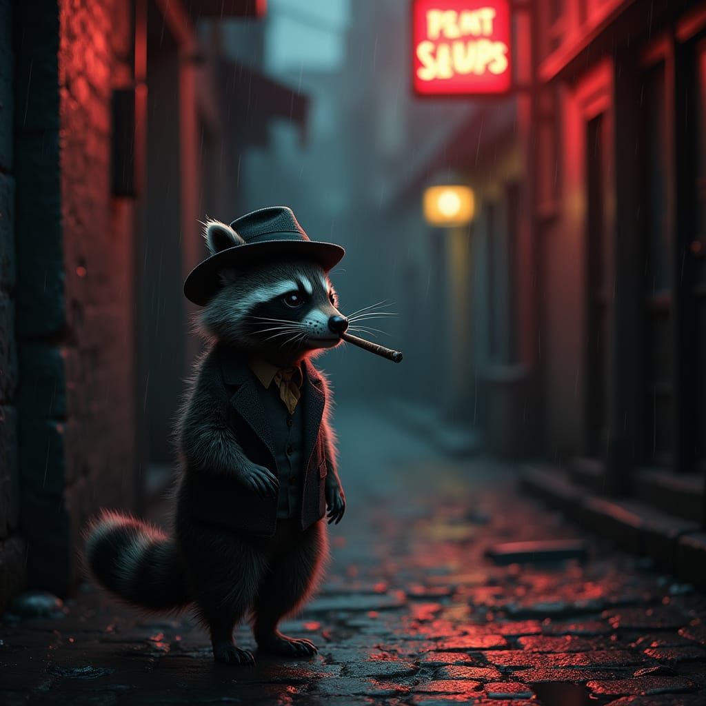 Noir Raccoon with Fedora in Rainy Alley