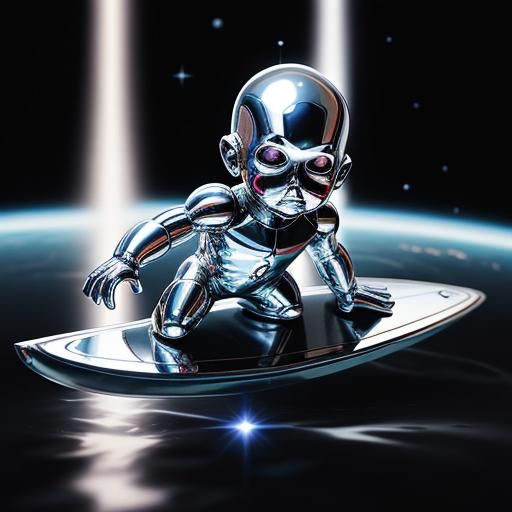Baby Silver Surfer on Reflective Surfboard in Space
