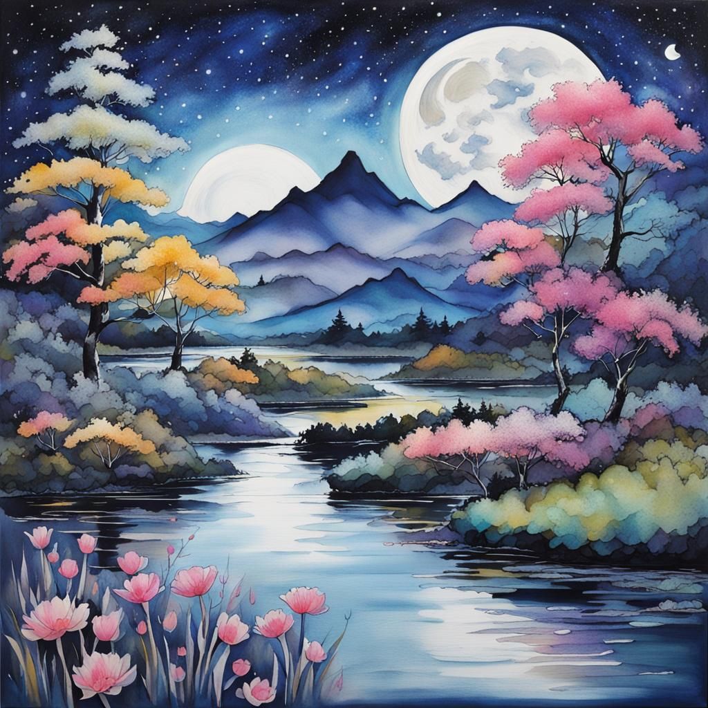 Cosmic Serenade: Chinese Ink Pond in Moonlight