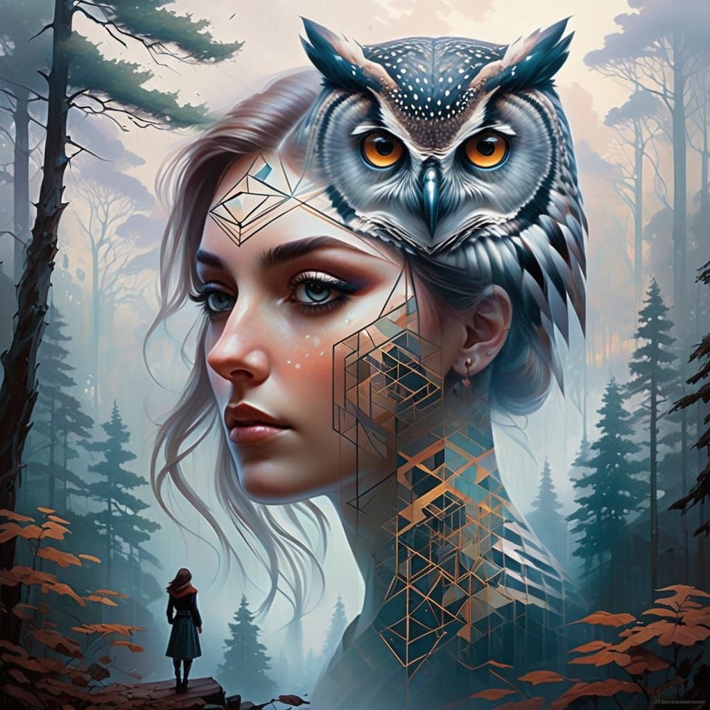 Bad Owl Tattoo Illustration with Forest and Geometric Patter...