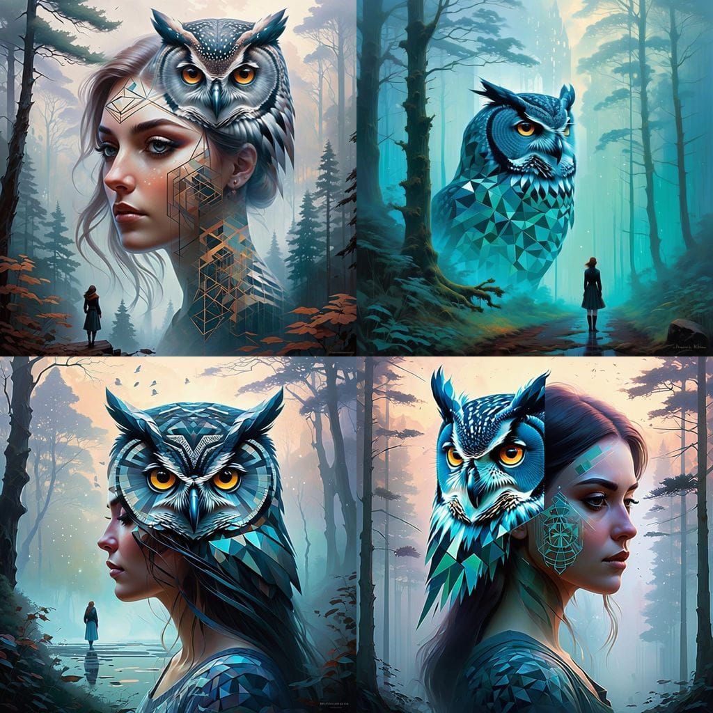 Tattoo Illustration: Owl Head Merging into Forest Scene
