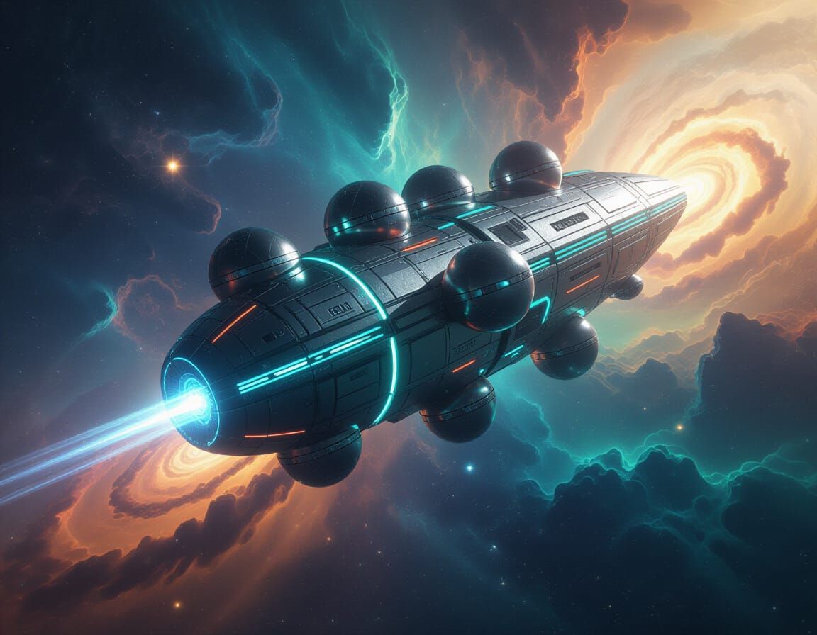 Futuristic Starship Soars Through Vibrant Nebula in 3D Style