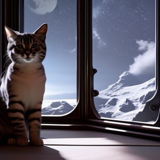 Tabby Cat by Gothic Window in Detailed Matte Painting