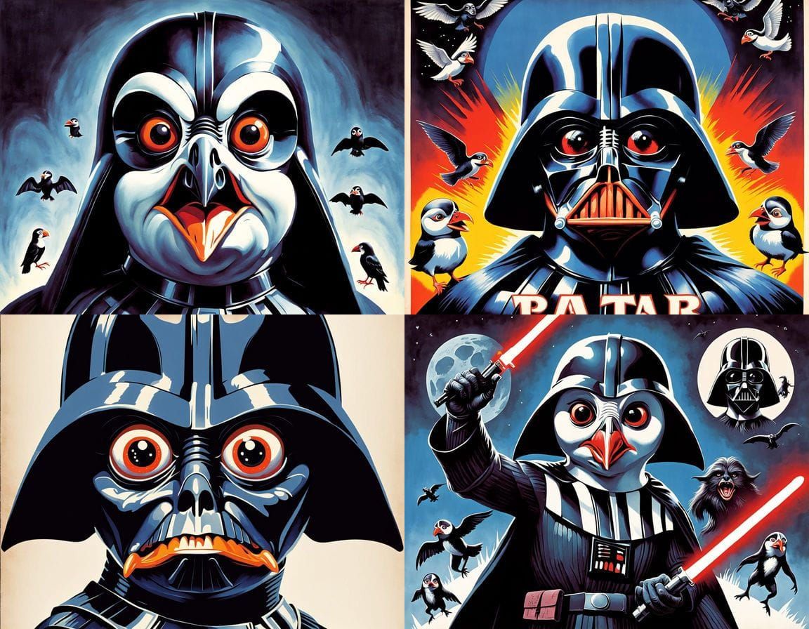 Vader Confronts a Monstrous Puffin on a Retro Horror Poster