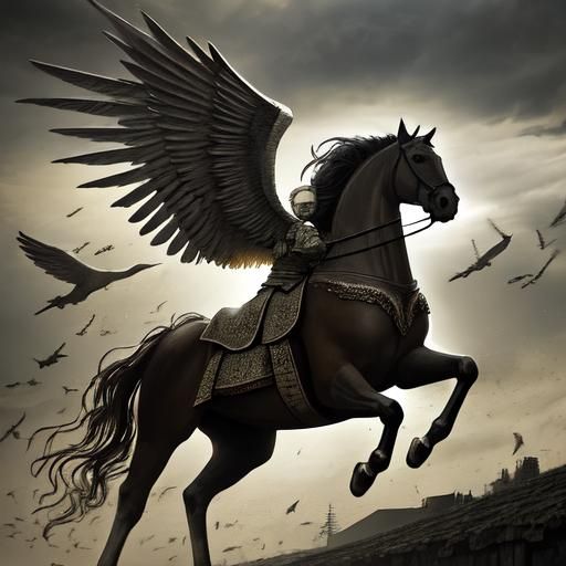 Winged horse racing from Harry Potter intricate details, HDR...