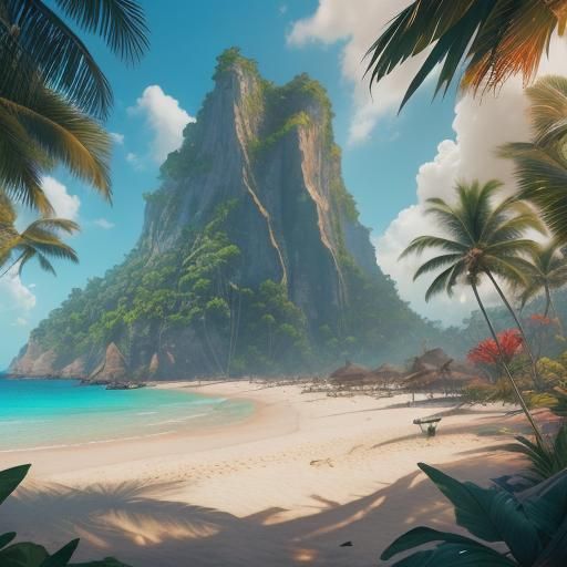 Lush Tropical Beach in Detailed Matte Painting Style
