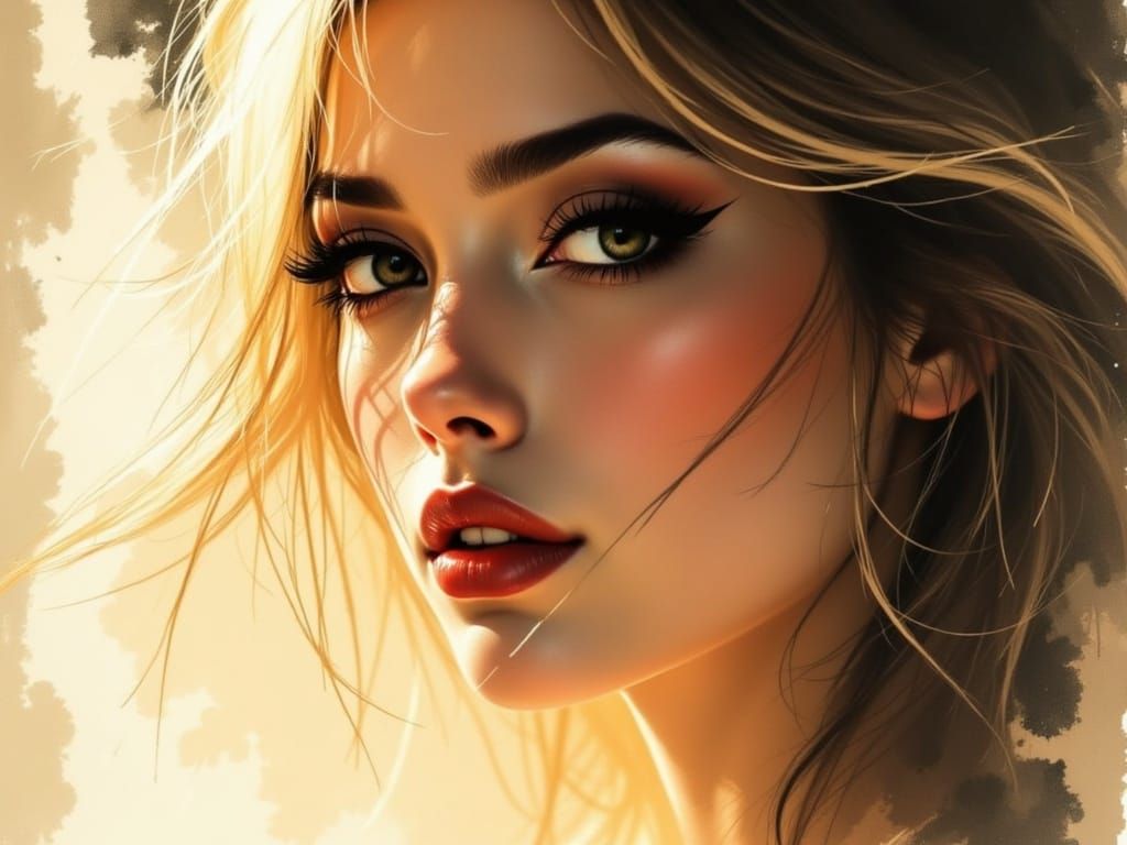 Ethereal Woman in Soft Focus, Warm Light, and Japanese Ink B...