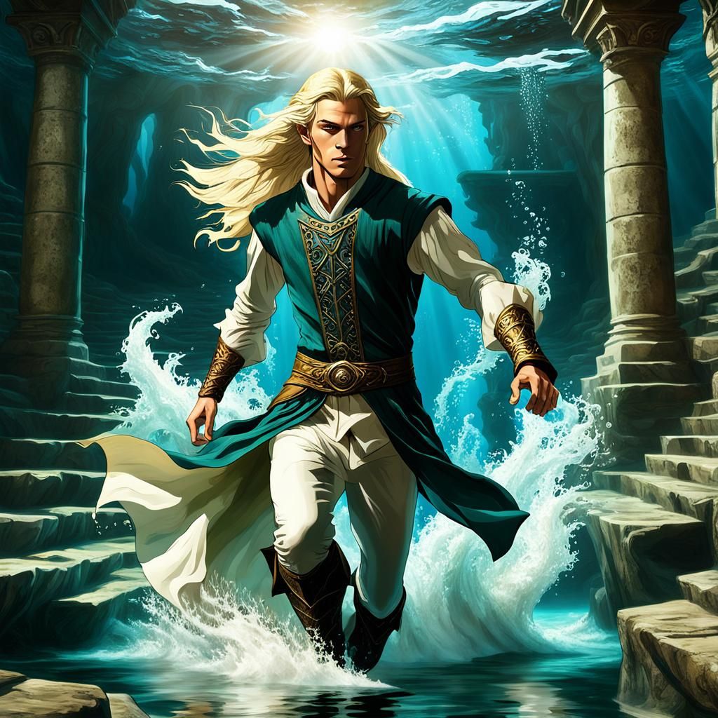 Underwater Elf Descends Stone Stairs