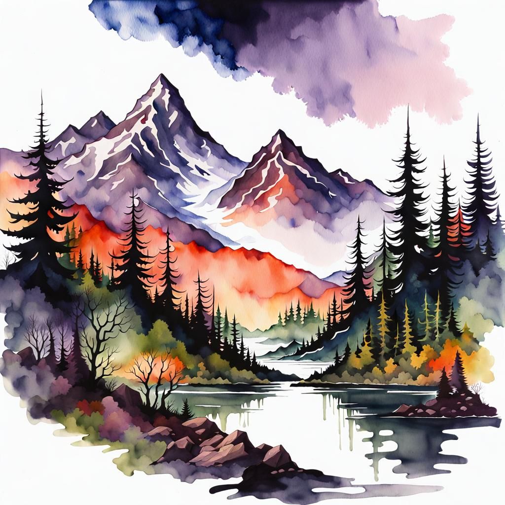 Sinister Mountain Scene in Gothic Watercolor Style