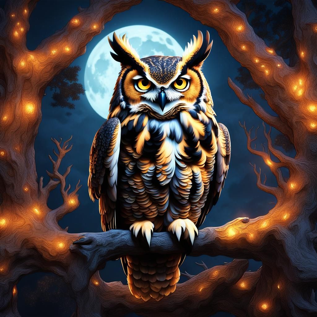 Great Horned Owl Under Full Moon