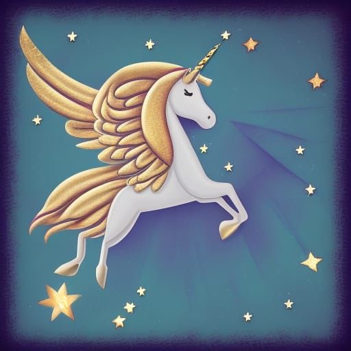 Golden Unicorn with Wings Amongst Stars