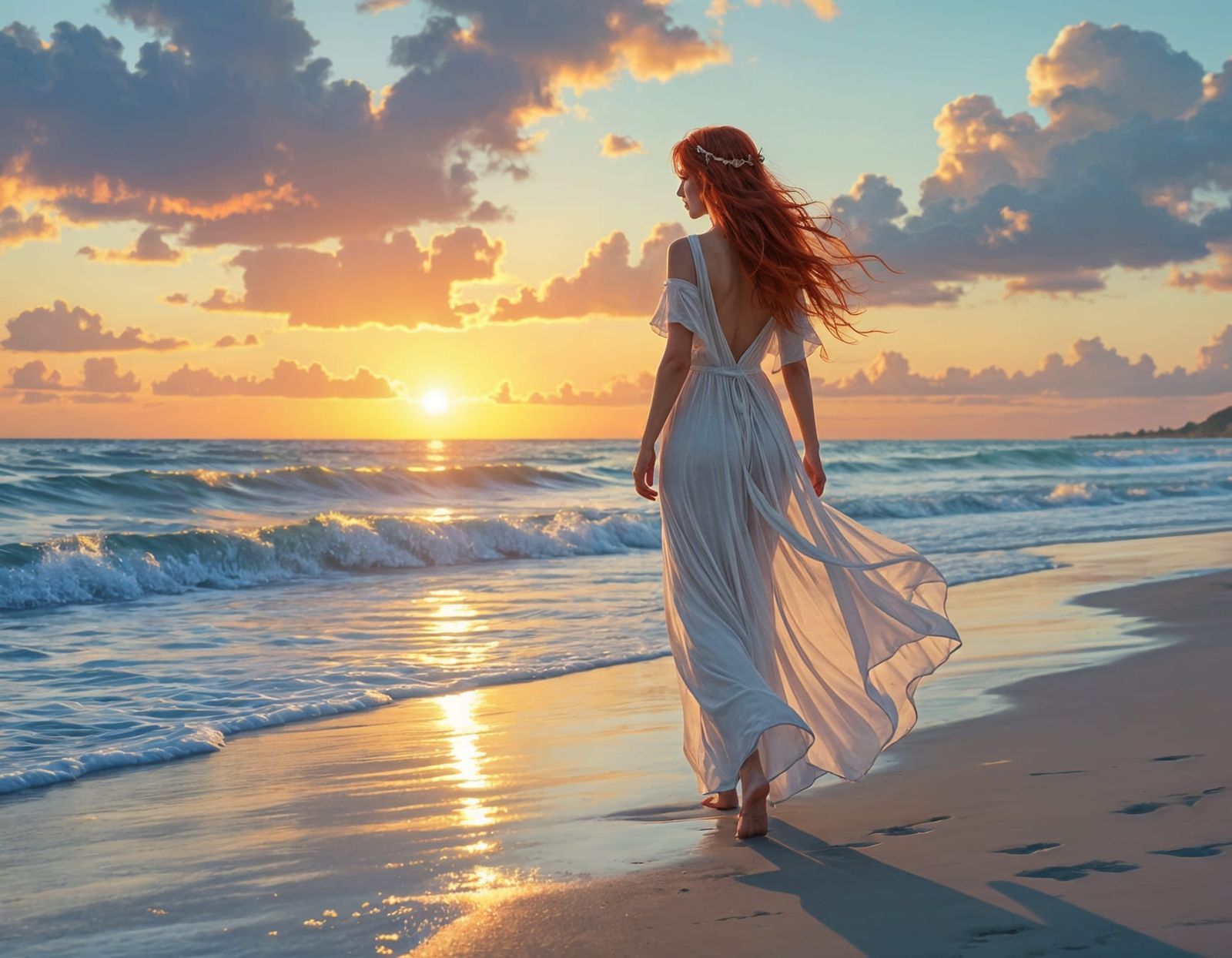 Elven Princess Walks on Beach at Sunset