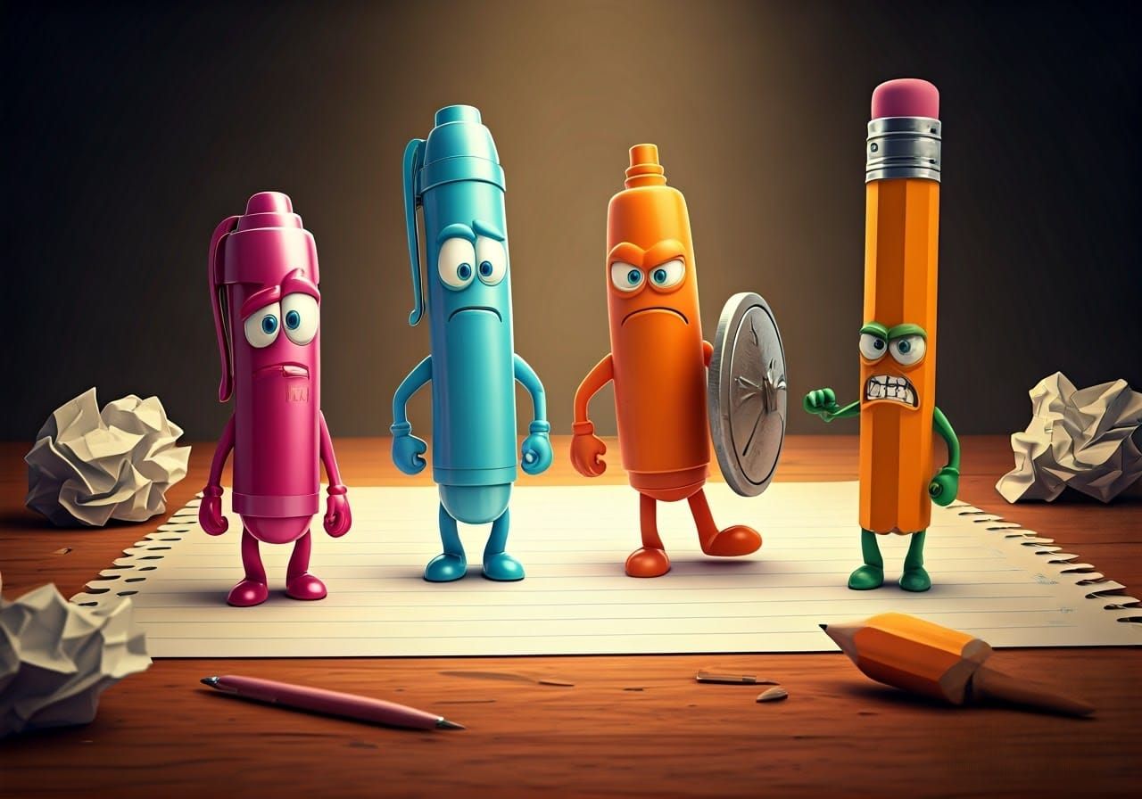 Epic Battle of Pens and Pencils in Cartoon 3D Style