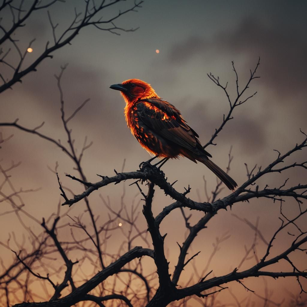 Bird Ablaze on Scorched Branch: Cinematic Still