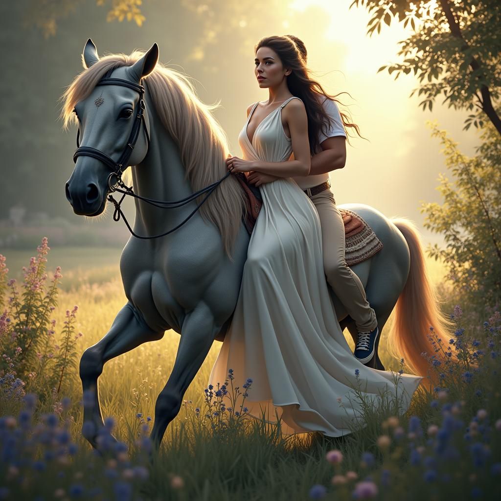 Couple on Horseback in Mystical Garden