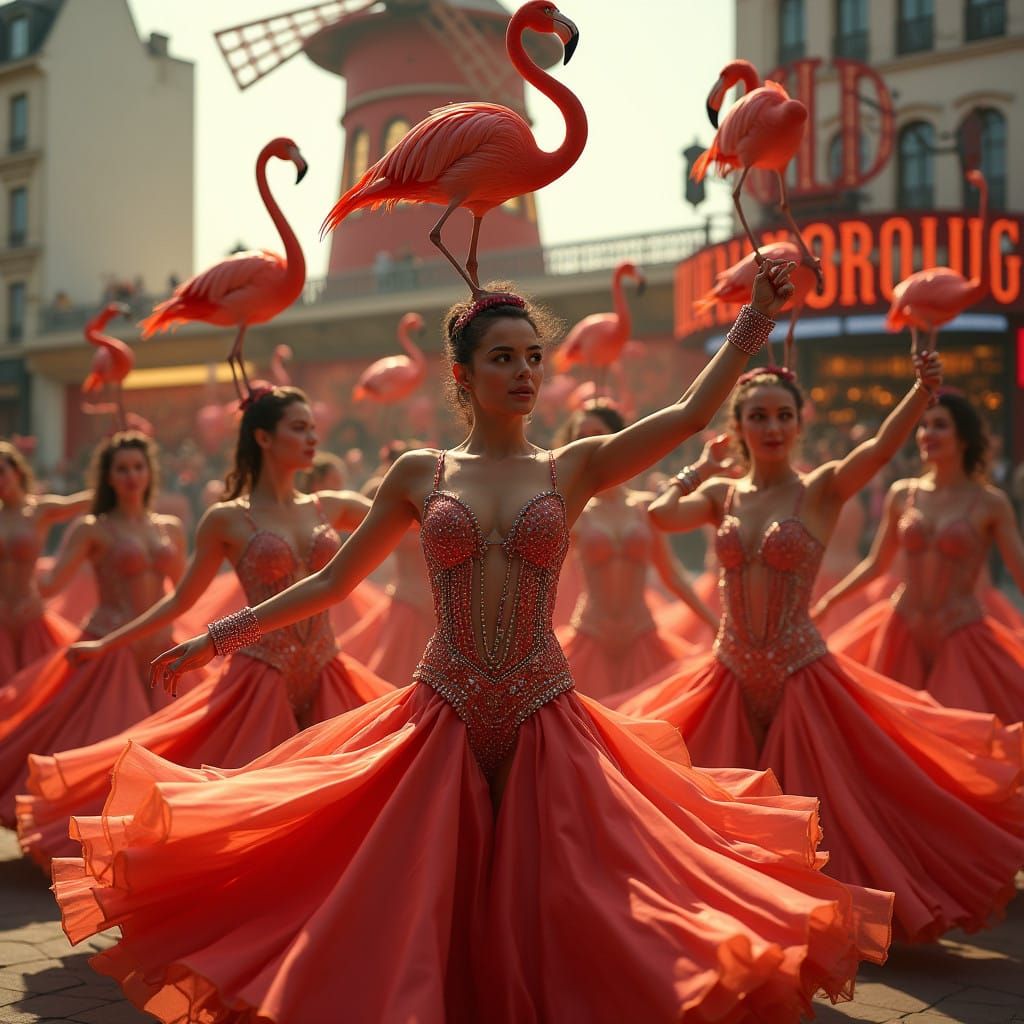 Moulin Rouge Dancers with Flamingos in Parisian Spectacle