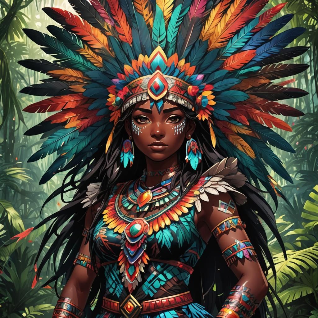 Aztec Anime Girl in Mystical Jungle Art