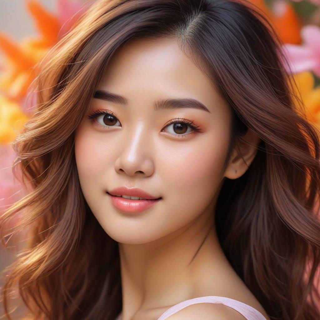 Young Asian Woman Portrait in Vibrant Oil Painting