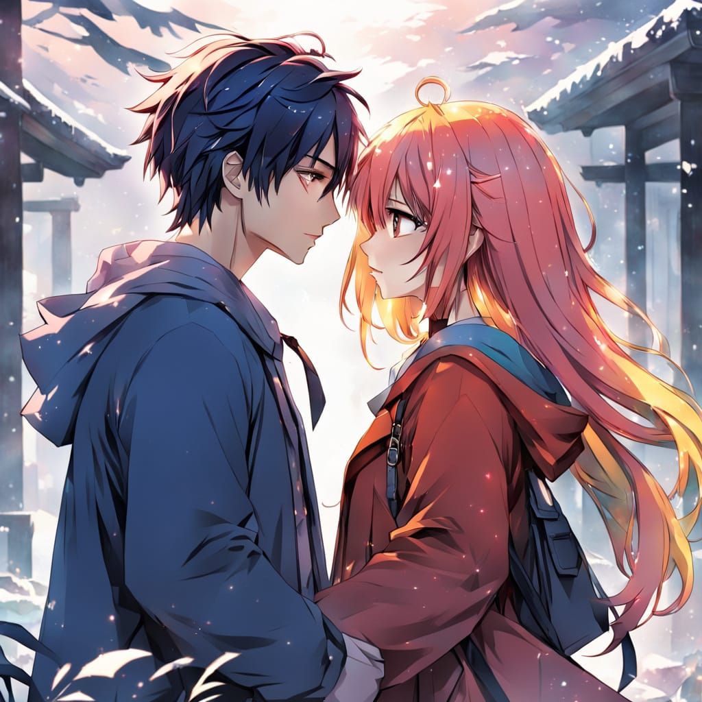 a large amont of colours, shy and mysteries couple, looking at each other, blushing, anime style, more details, boy and ...