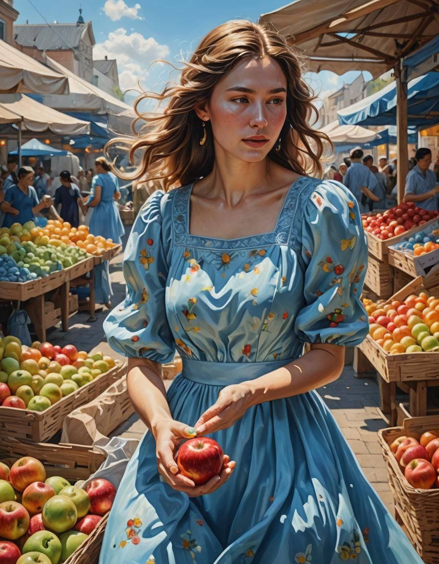 Woman in Blue Dress at Market: Hyperrealistic Splash Art