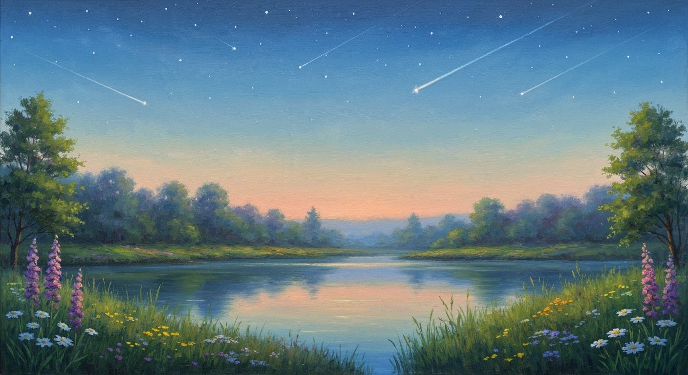 Spring Landscape with Meteor Shower: Oil Painting