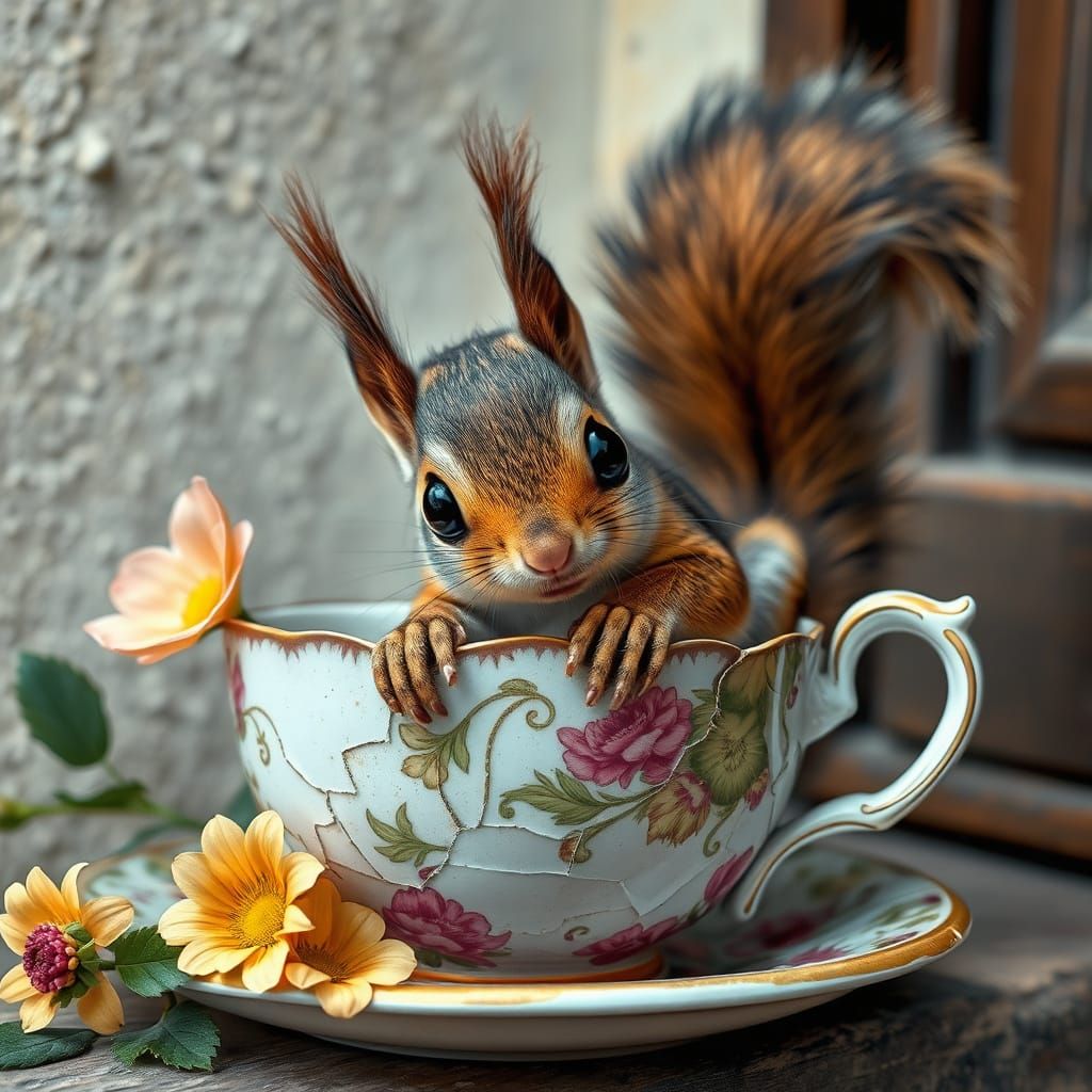 Squirrel in Broken Teacup, Ornate Spectral Artwork