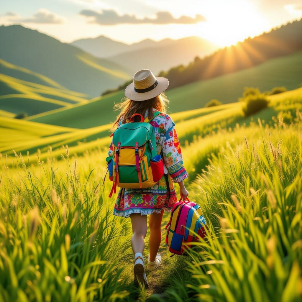 Whimsical Traveler in Sunny Meadow, Dreamy Art