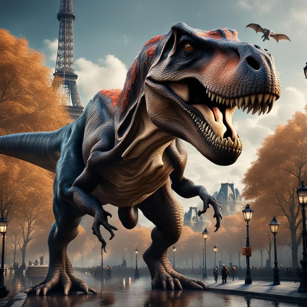 Happy T-Rex Roams Paris: Fantasy Concept Art
