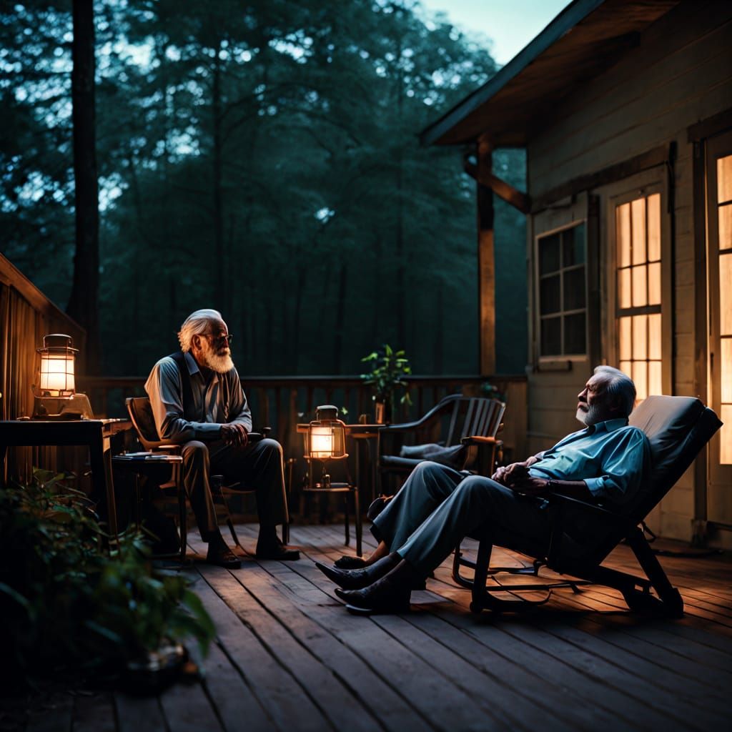 Man and Boy Sleeping on Porch Under Bug Zapper Light