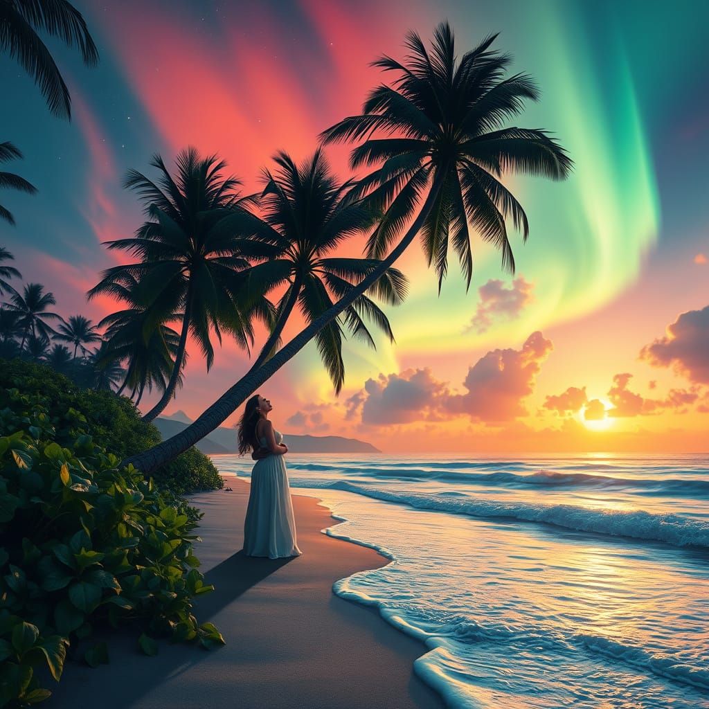 Ethereal Beach Sunset with Luminous Aurora