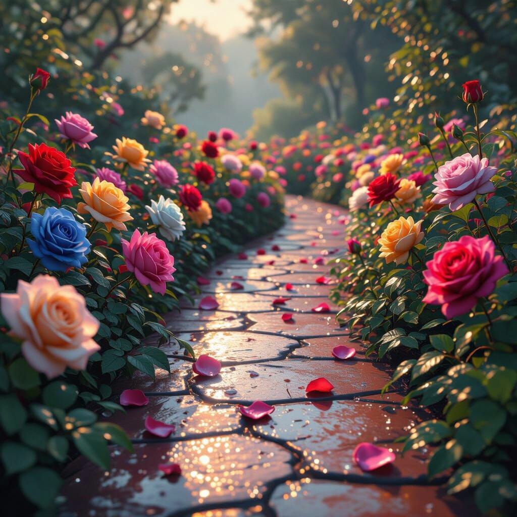 Magical Rose Pathway with Dew Drops in Matte Painting Style