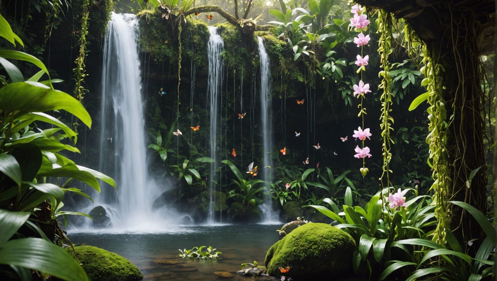 Lush Rainforest Waterfall with Orchids and Wildlife