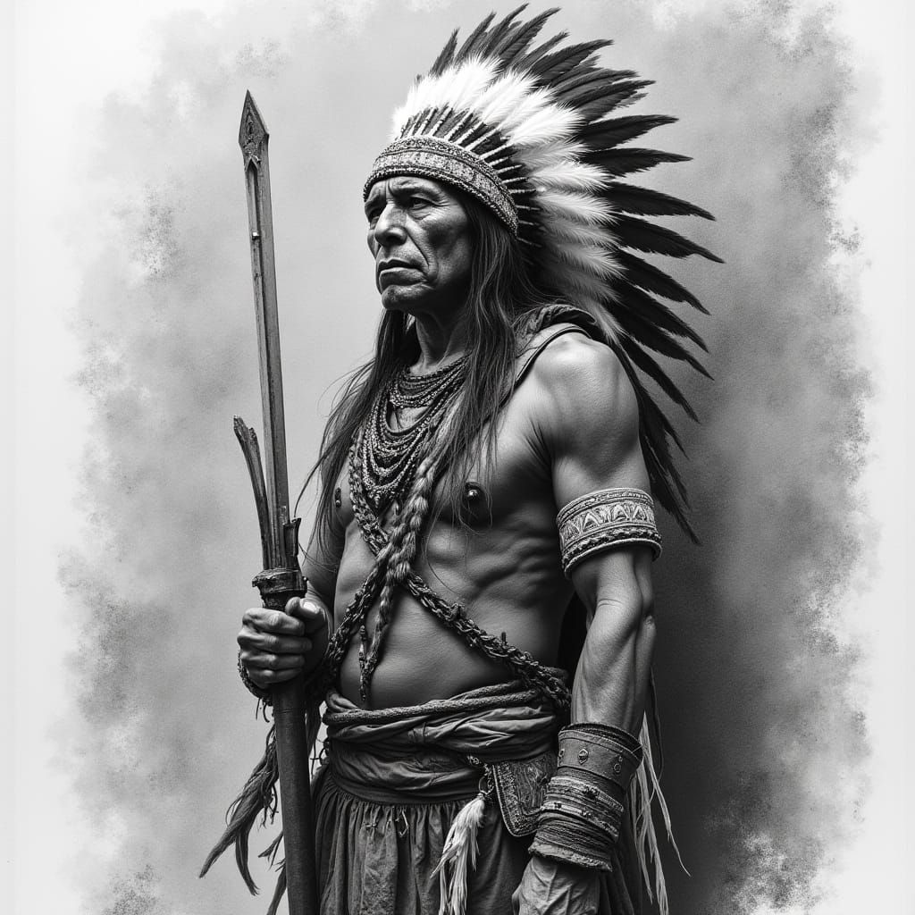 Native American Warrior Charcoal Drawing with Tribal Pattern...