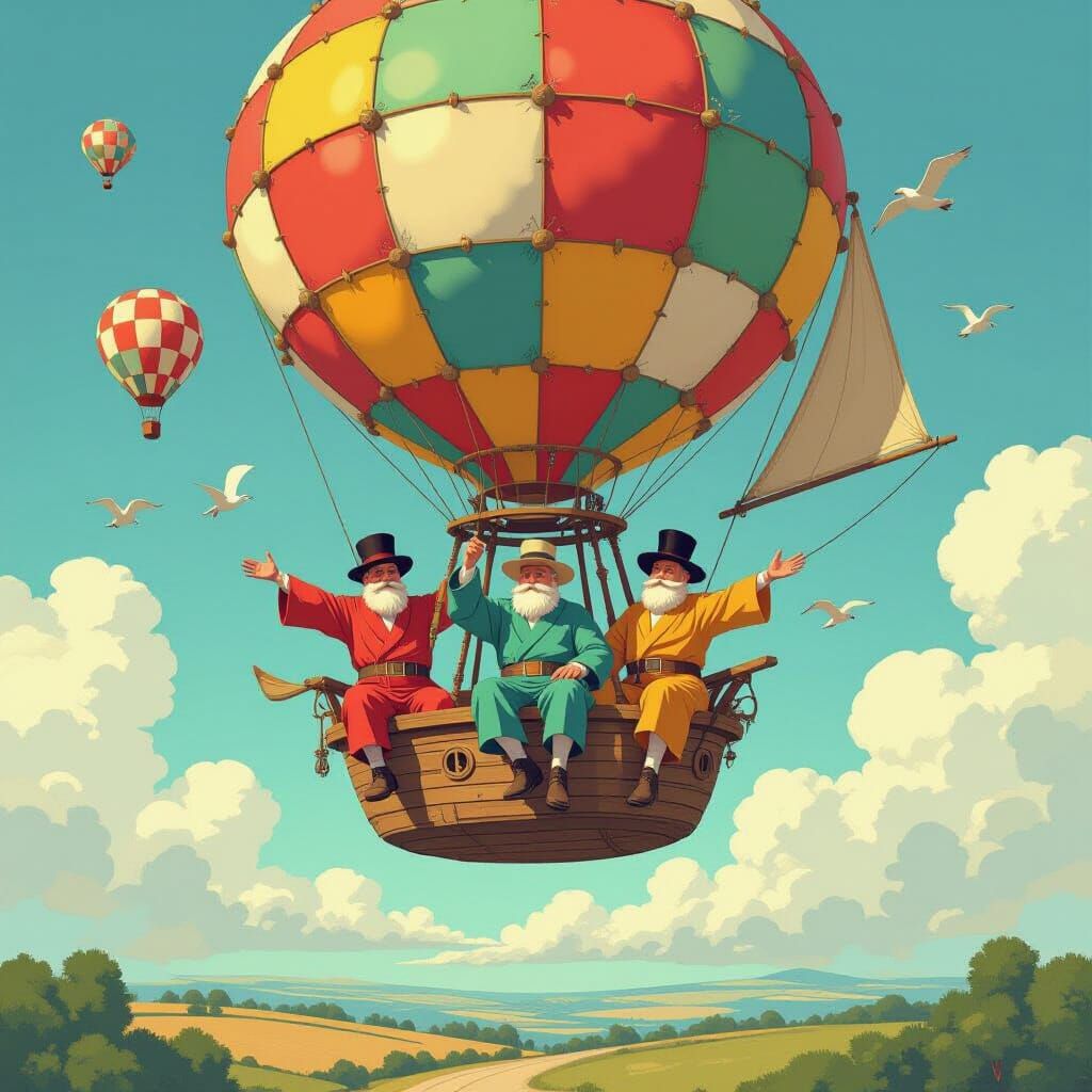 Men in Flying Tub: Whimsical Balloon Adventure