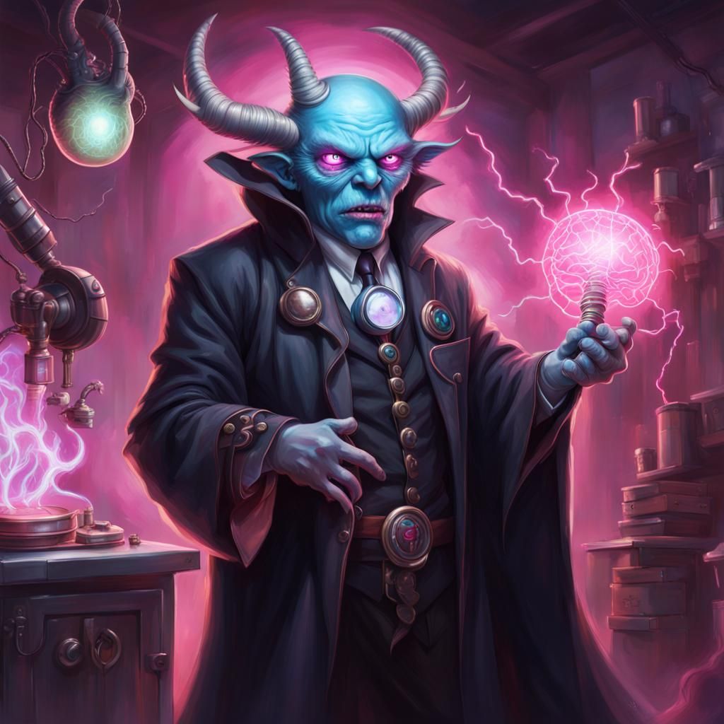 Blue-Skinned, Pink Eyed Demon Holding Tesla Coil