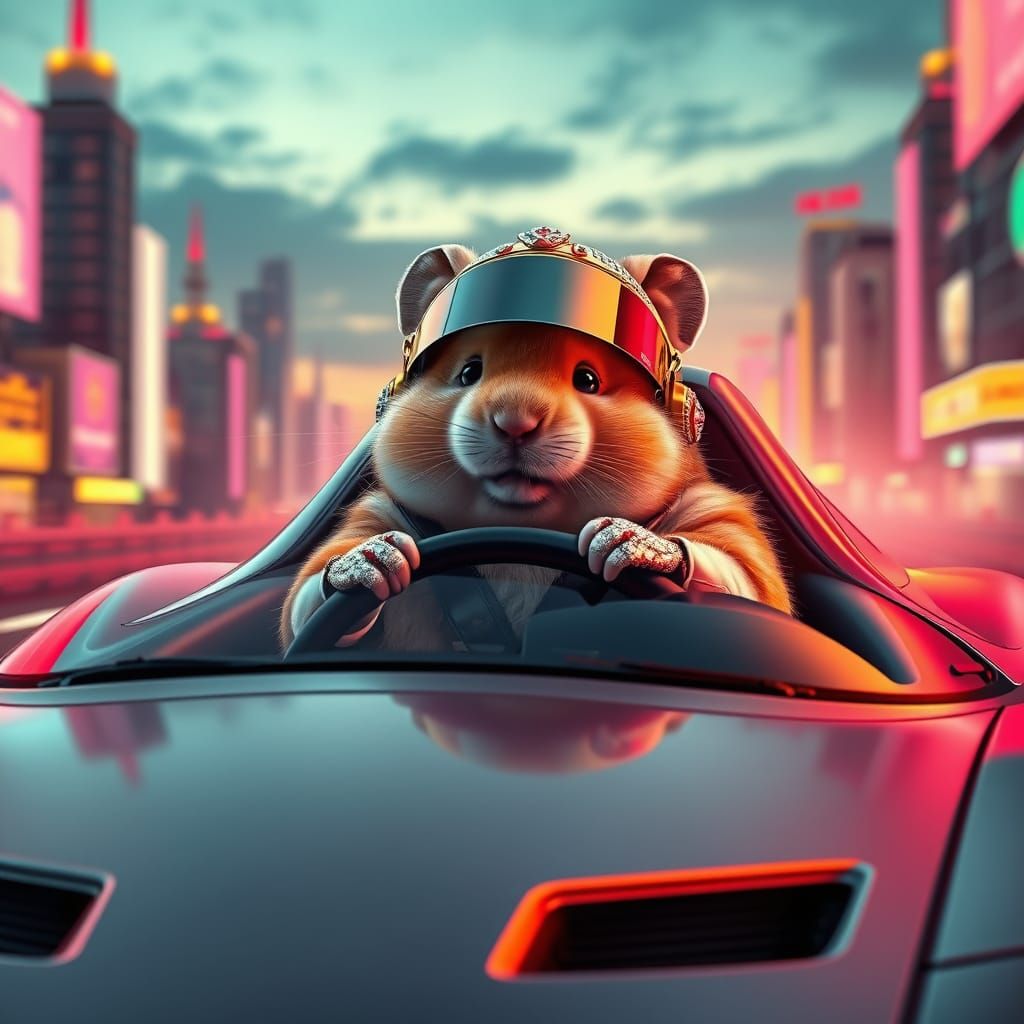 Luxurious Hamster Speeds Through Neon City in High-Tech Supe...