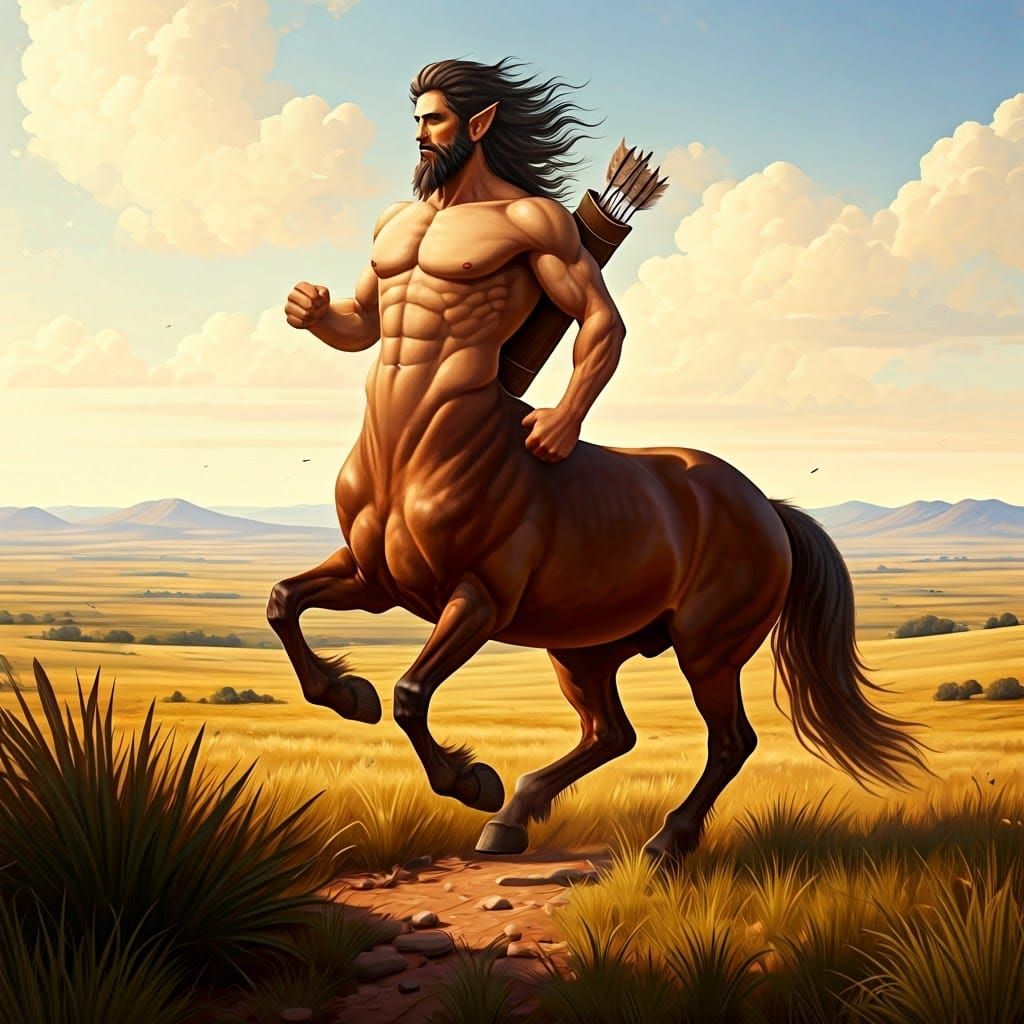 Centaur Galloping Across Prairie in Classical Style