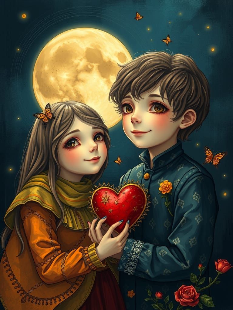 Romantic Surrealism: Boy Offers Heart Under Moon
