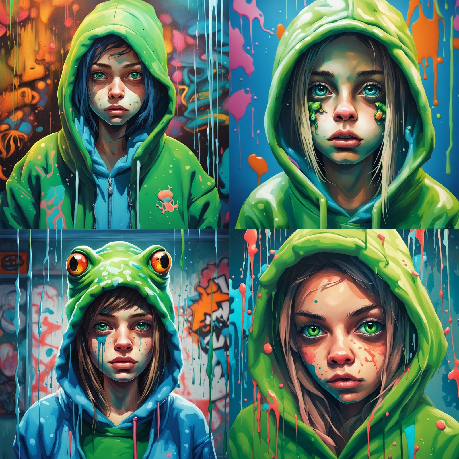 Girl in Frog Hoodie: Graffiti Style Portrait
