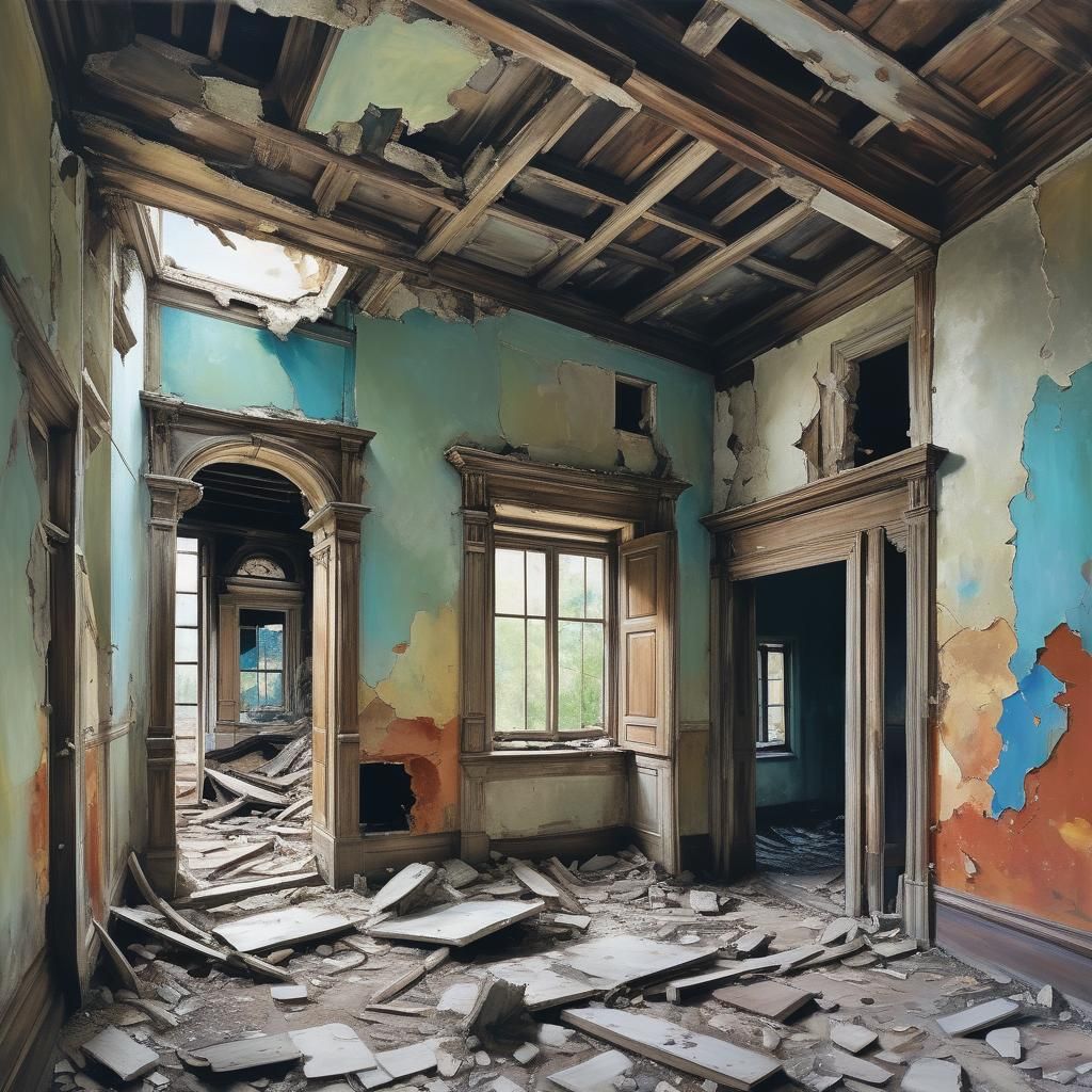 Crumbling House Interior: Vivid Oil Painting