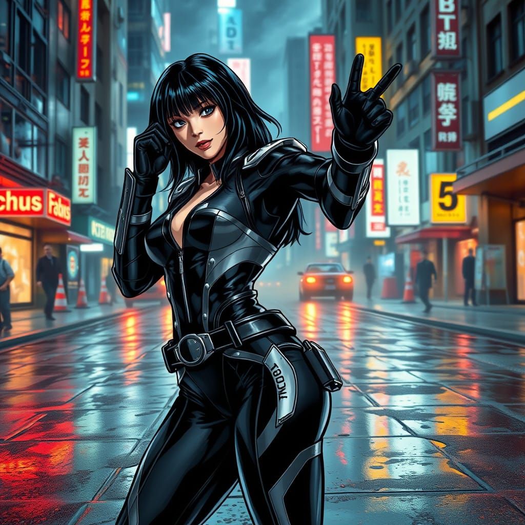 Heroic Comic Book G.I. Yoko in Neon Cityscape