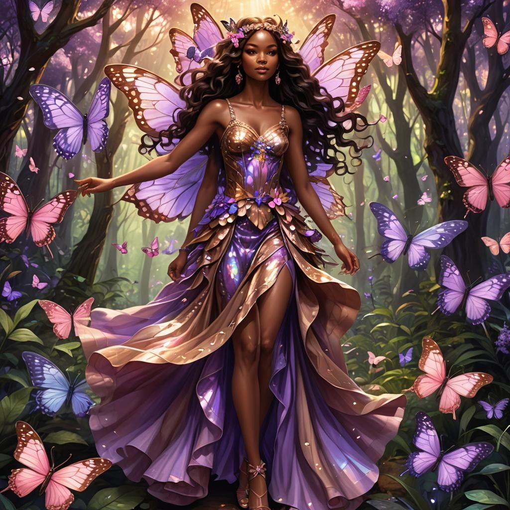 African American Butterfly Fairy in Lush Forest