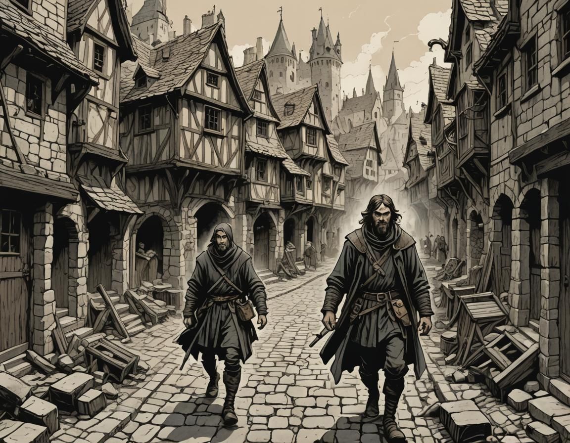 Medieval Town Scene in 1970s Fantasy Art Style