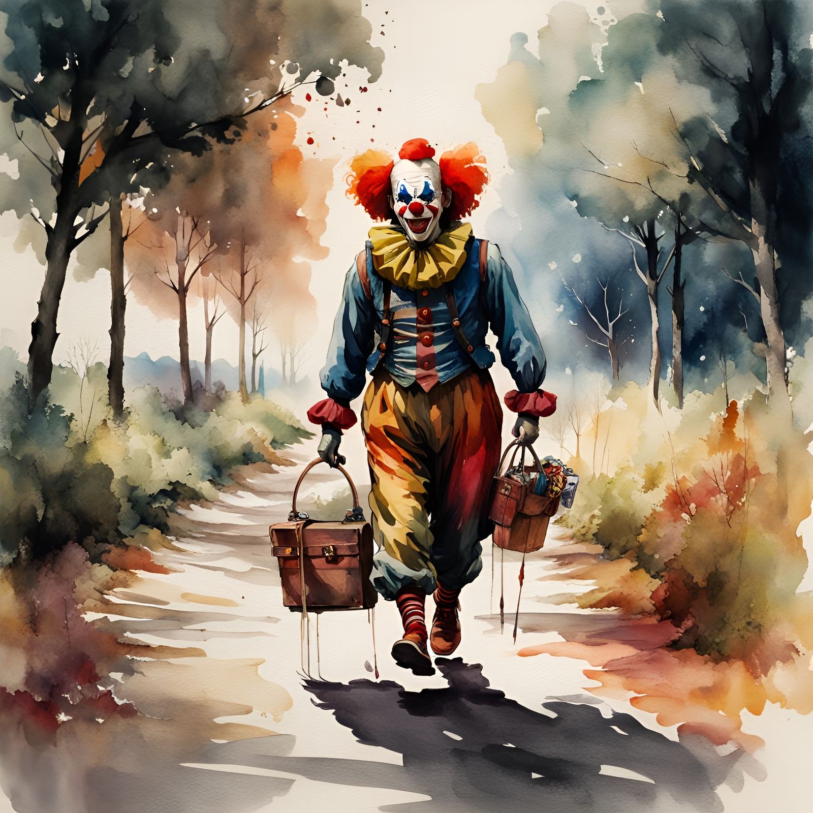 Clown Walks Country Road in Aetherpunk Watercolor Art