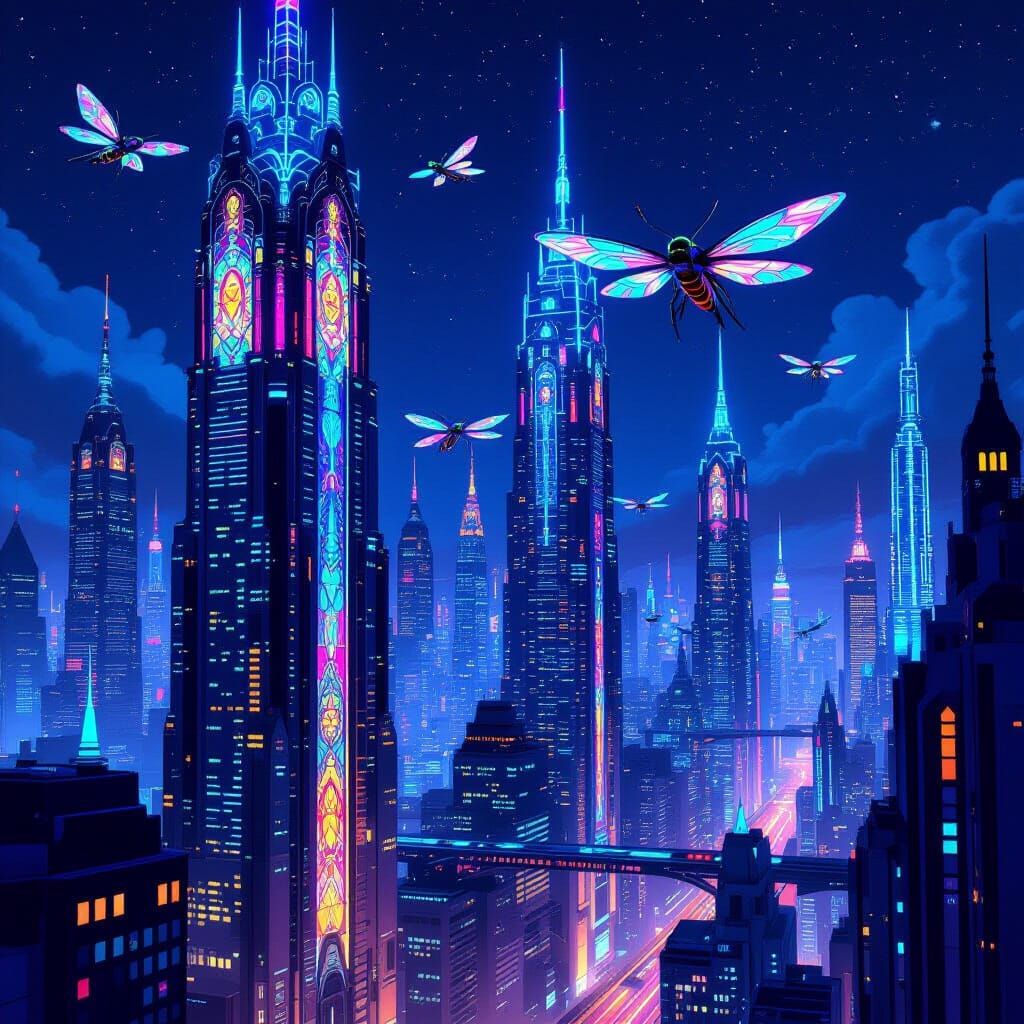 Futuristic Neon Cityscape with Stained Glass Skyscrapers