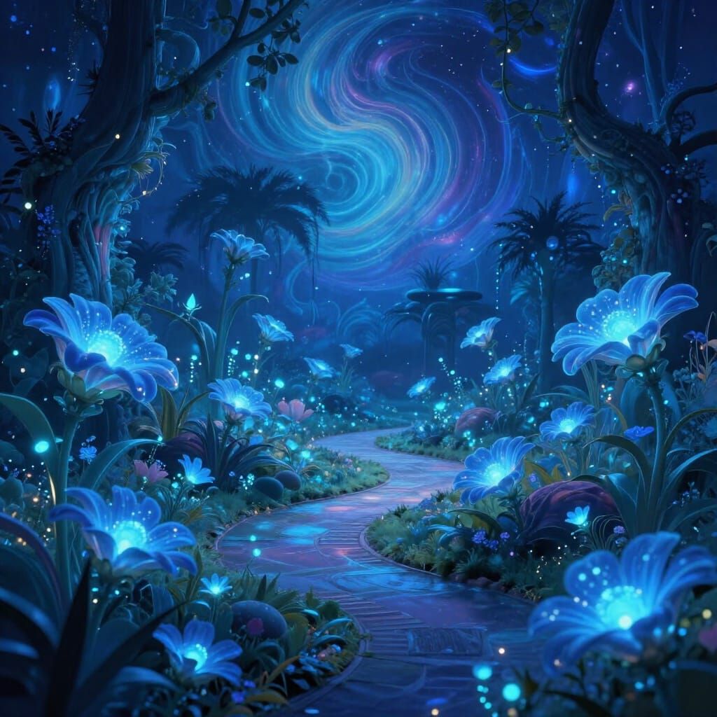 Enchanted Garden Bathed in Ethereal Azure Tones