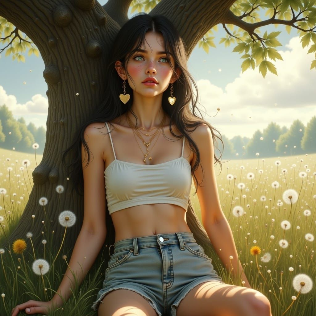 Freckled Woman in Wildflower Field, Hyperreal Portrait