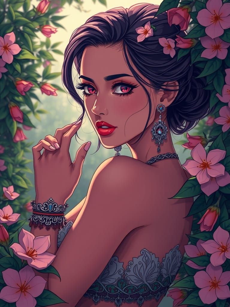 Anime Woman in Lush Garden, Studio Trigger Style