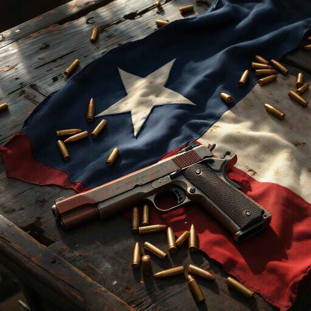 Texas Flag and 1911 Pistol in Matte Painting Style
